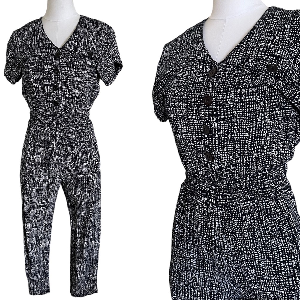 90s Vintage XS Black White Button Front Jumpsuit